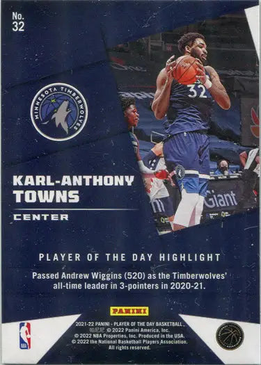 Basketball trading card of K-A Towns in Minnesota Timberwolves lava parallel base design