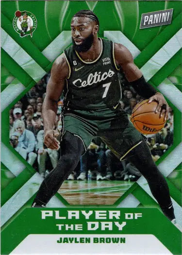 Basketball trading card of Jaylen Brown in action on a green background foil parallel base