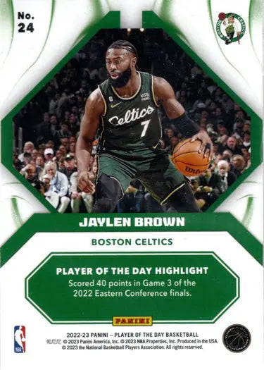 Basketball trading card of Jaylen Brown in green jersey, Panini foil parallel base card
