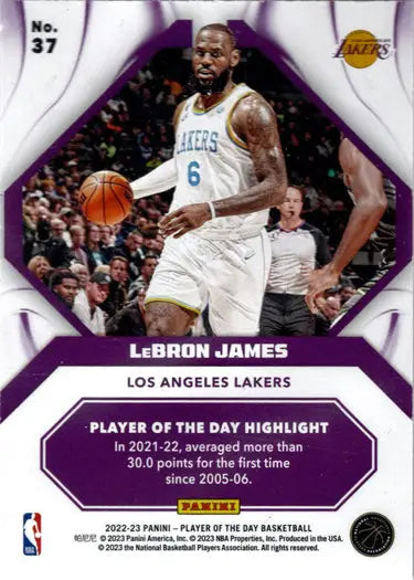 Basketball trading card featuring LeBron James in white Lakers jersey, Orange Foil Parallel