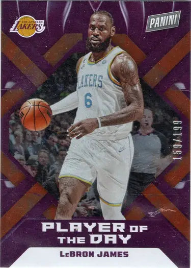 Basketball trading card featuring LeBron James dribbling, showcasing Orange Foil Parallel