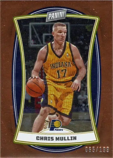 Basketball trading card of Chris Mullin in yellow Indiana Pacers uniform, orange foil parallel
