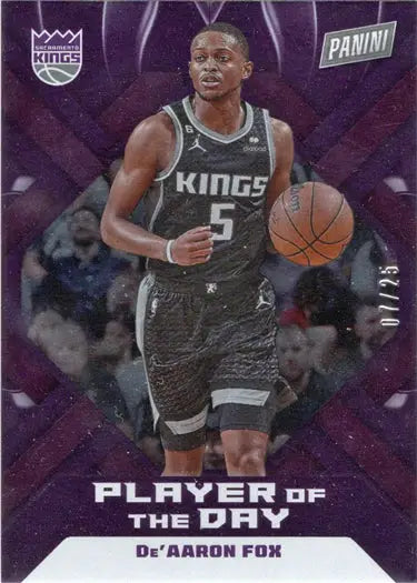Basketball trading card featuring Kings player De’Aaron Fox in purple foil parallel design