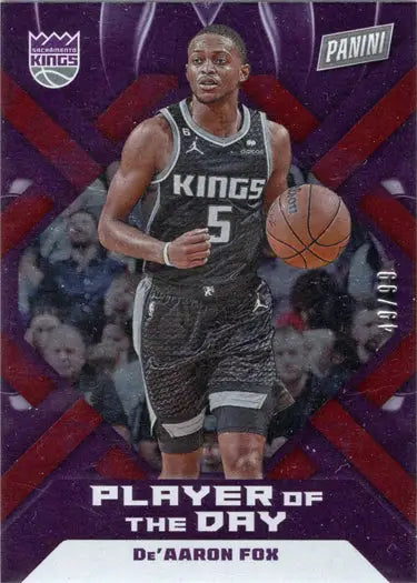 Basketball trading card of De’Aaron Fox in red foil parallel, jersey number 5
