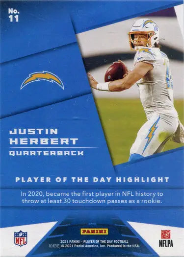 Football trading card of Los Angeles Chargers quarterback Justin Herbert in white uniform