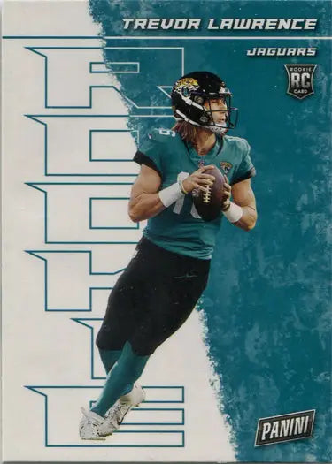 Football player in teal Jaguars uniform with football, Panini Base Card of Trevor Lawrence