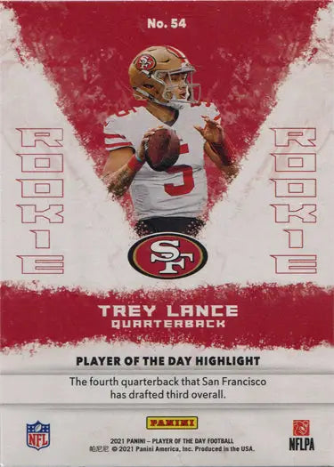 Football trading card of San Francisco 49ers quarterback Trey Lance in white jersey