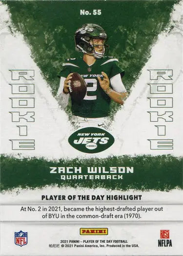 Football trading card of New York Jets quarterback Zach Wilson in green jersey