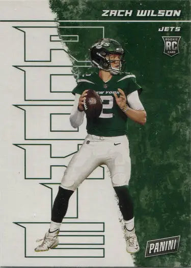 Football player’s trading card featuring Jets quarterback Zach Wilson in green jersey