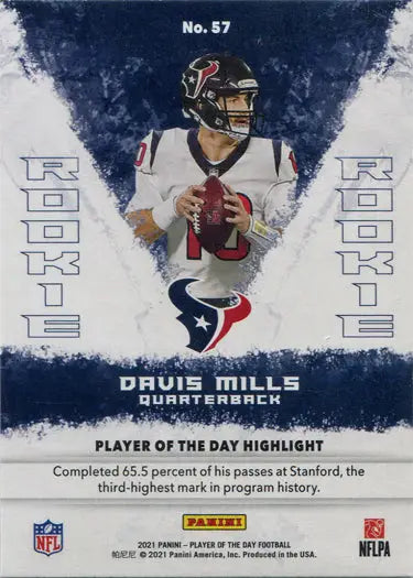 Football trading card featuring Davis Mills in Houston Texans uniform holding a football