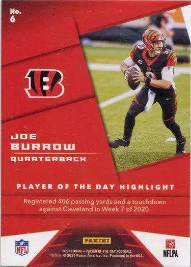 Football trading card featuring Cincinnati Bengals quarterback Joe Burrow in action