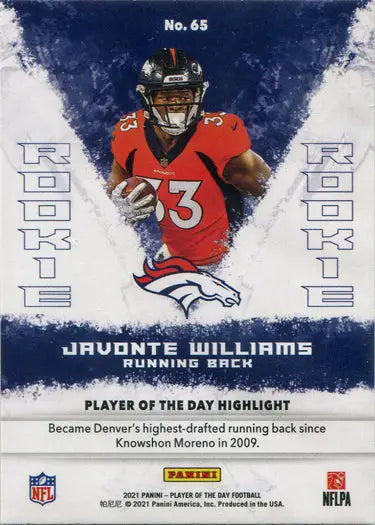 Football trading card of Javonte Williams in a Denver Broncos jersey holding a football