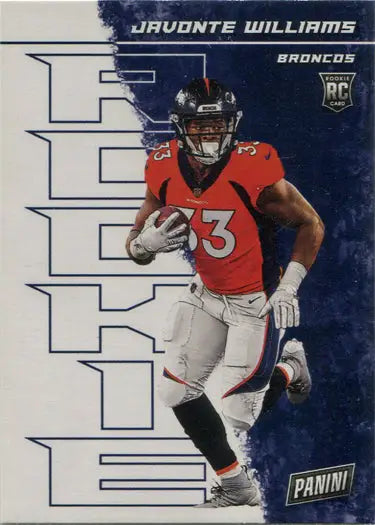 Football player trading card featuring Javonte Williams running with the ball, Broncos rookie