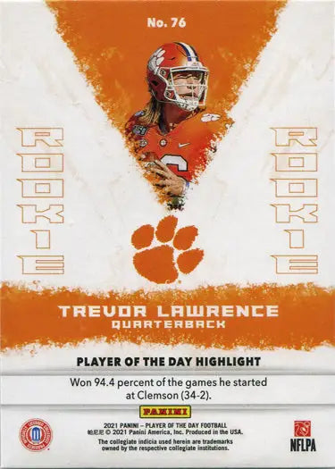 Football trading card of Clemson Tigers quarterback Trevor Lawrence in orange uniform