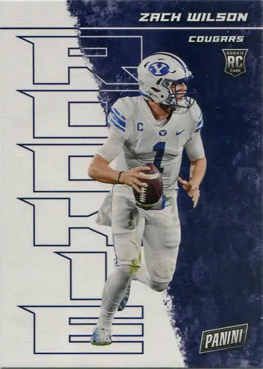 Football player trading card of Zach Wilson, quarterback in white with blue accents