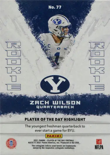 Football trading card of BYU quarterback Zach Wilson in white uniform, base card