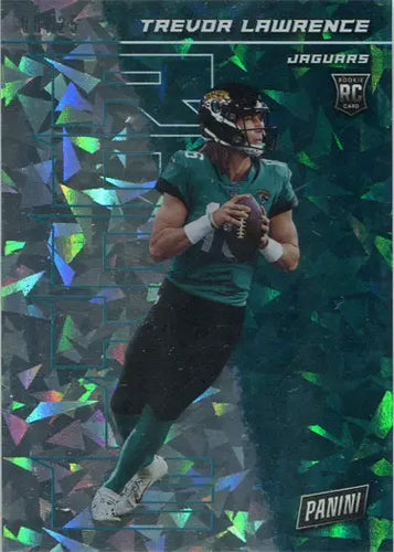 Football trading card featuring Trevor Lawrence in a teal jersey with cracked ice design