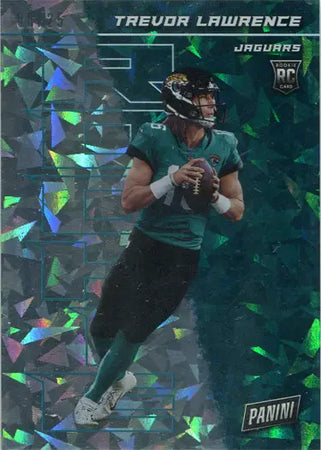 Football trading card featuring Trevor Lawrence in a teal jersey with cracked ice design
