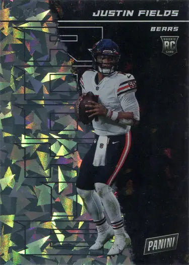 Cracked ice Justin Fields trading card in a white uniform, Bears display