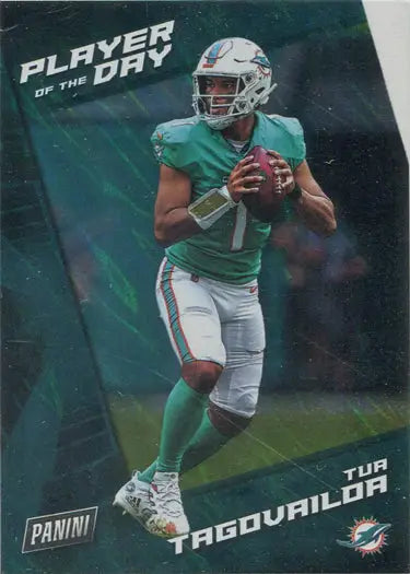 Silver parallel trading card of Miami Dolphins quarterback Tua Tagovailoa in action