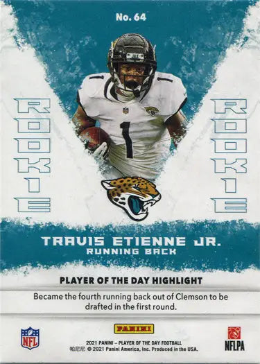 Football player card of Travis Etienne Jr in silver parallel for Jacksonville Jaguars