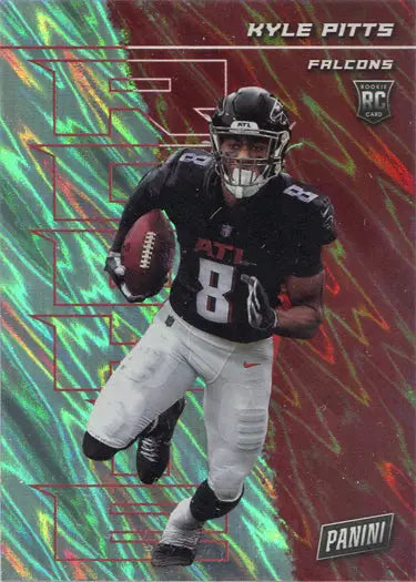 Football trading card of Kyle Pitts in black jersey, showcasing a silver parallel design