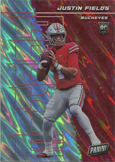 Holographic silver parallel trading card of Justin Fields, Ohio State Buckeyes quarterback