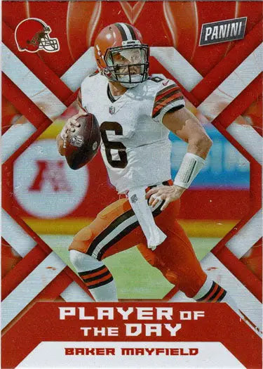 Football trading card of Baker Mayfield in a white jersey, a Panini foil parallel card
