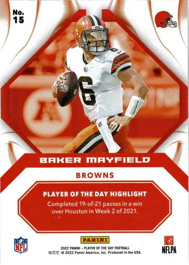 Football trading card of Baker Mayfield in white jersey, 2022 Foil Parallel Card