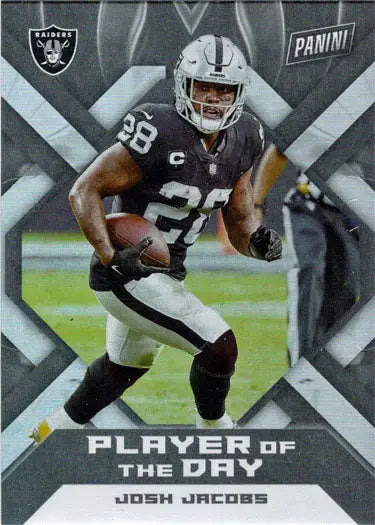 Football trading card showcasing Raiders Player of the Day Josh Jacobs foil parallel card