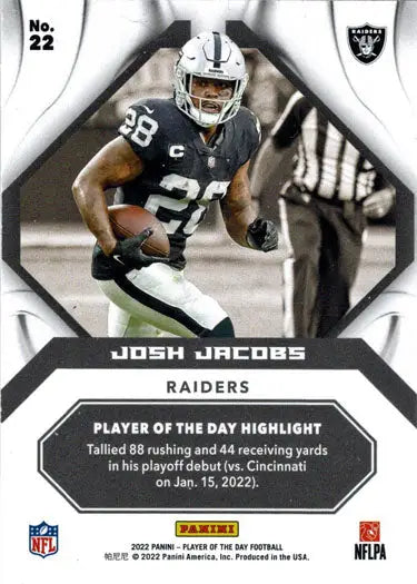 Football trading card showcasing Josh Jacobs on a Foil Parallel Card with statistics and logo