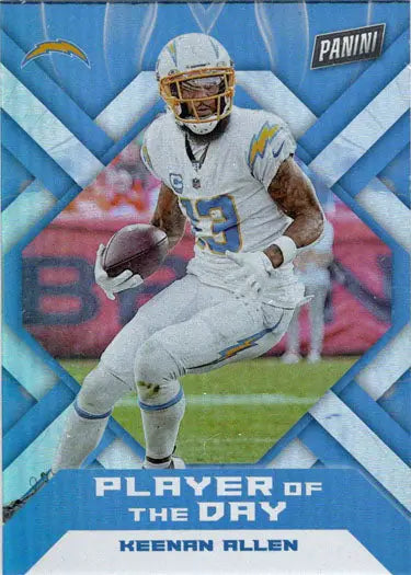 Football trading card of Keenan Allen running with the ball, Panini foil parallel card