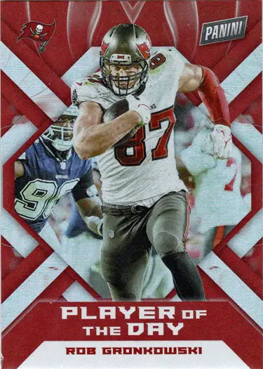 Football trading card of Rob Gronkowski in action, showcasing a Tampa Bay Buccaneers foil parallel card