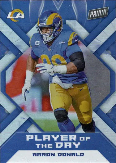 Football trading card of Aaron Donald in action, showcasing the Foil Parallel Card design