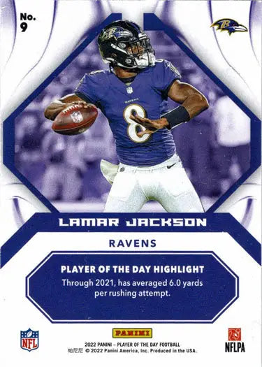 Baltimore Ravens player in purple jersey on Panini foil parallel card 9 Lamar Jackson