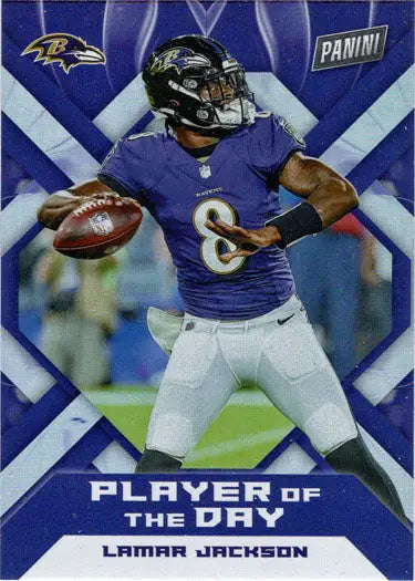 Football trading card of Lamar Jackson in throwing pose, Panini foil parallel card
