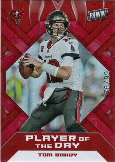 Football trading card of Tom Brady in red foil parallel for Tampa Bay Buccaneers