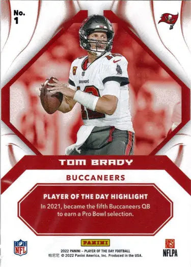 Football trading card displaying Tom Brady in white jersey, red foil parallel design