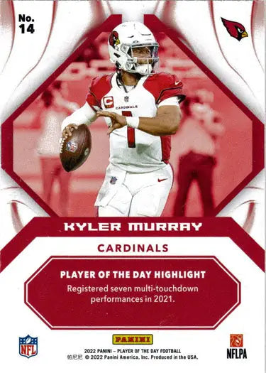 Kyler Murray throwing on a red foil parallel card from Panini Player Of The Day 2022