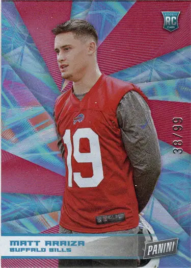 Football trading card of Matt Arazia in red jersey 19, showcasing red foil parallel design