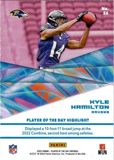 Football player in purple Ravens jersey catching football on Red Foil Parallel Card
