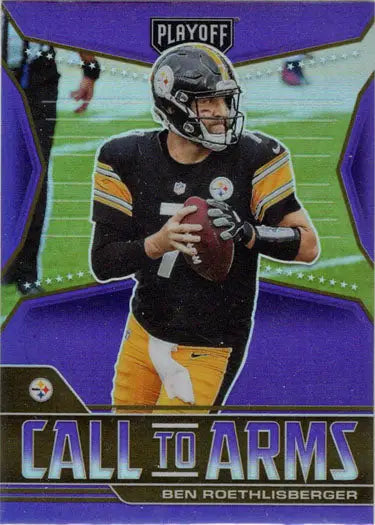Football trading card of Ben Roethlisberger in action, featuring Purple Prizm insert