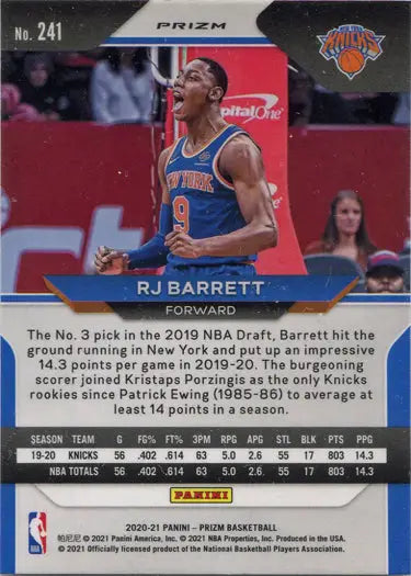 Basketball trading card of RJ Barrett in New York Knicks blue jersey, Red White Blue Parallel