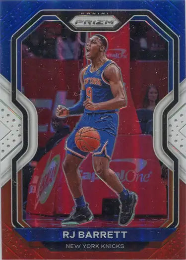 Basketball trading card of RJ Barrett in blue uniform, showcasing Red White Blue Parallel