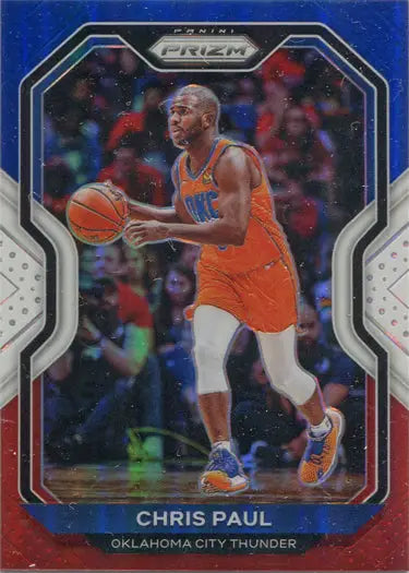 Basketball trading card of Chris Paul from Oklahoma City Thunder red white blue parallel