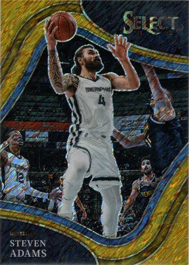 Basketball player in white uniform jumping with ball on Gold Shimmer Parallel Card