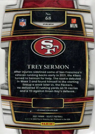 Football trading card of Trey Sermon in Red White Blue Die Cut Parallel from Panini Select 2021