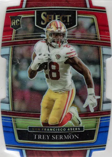 Football trading card of Trey Sermon in San Francisco 49ers red white blue die cut design