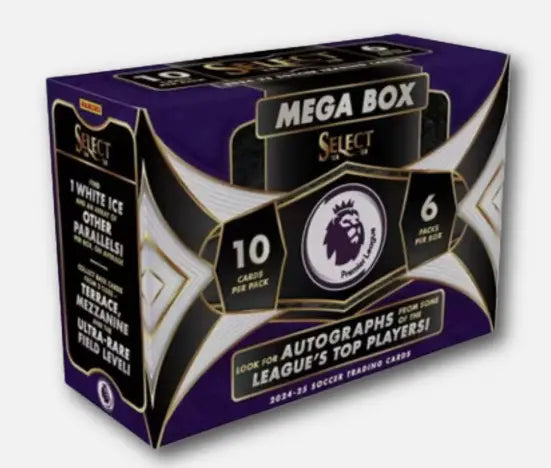 Premier League Panini Select Mega Box with trading cards, autographs, and rare inserts