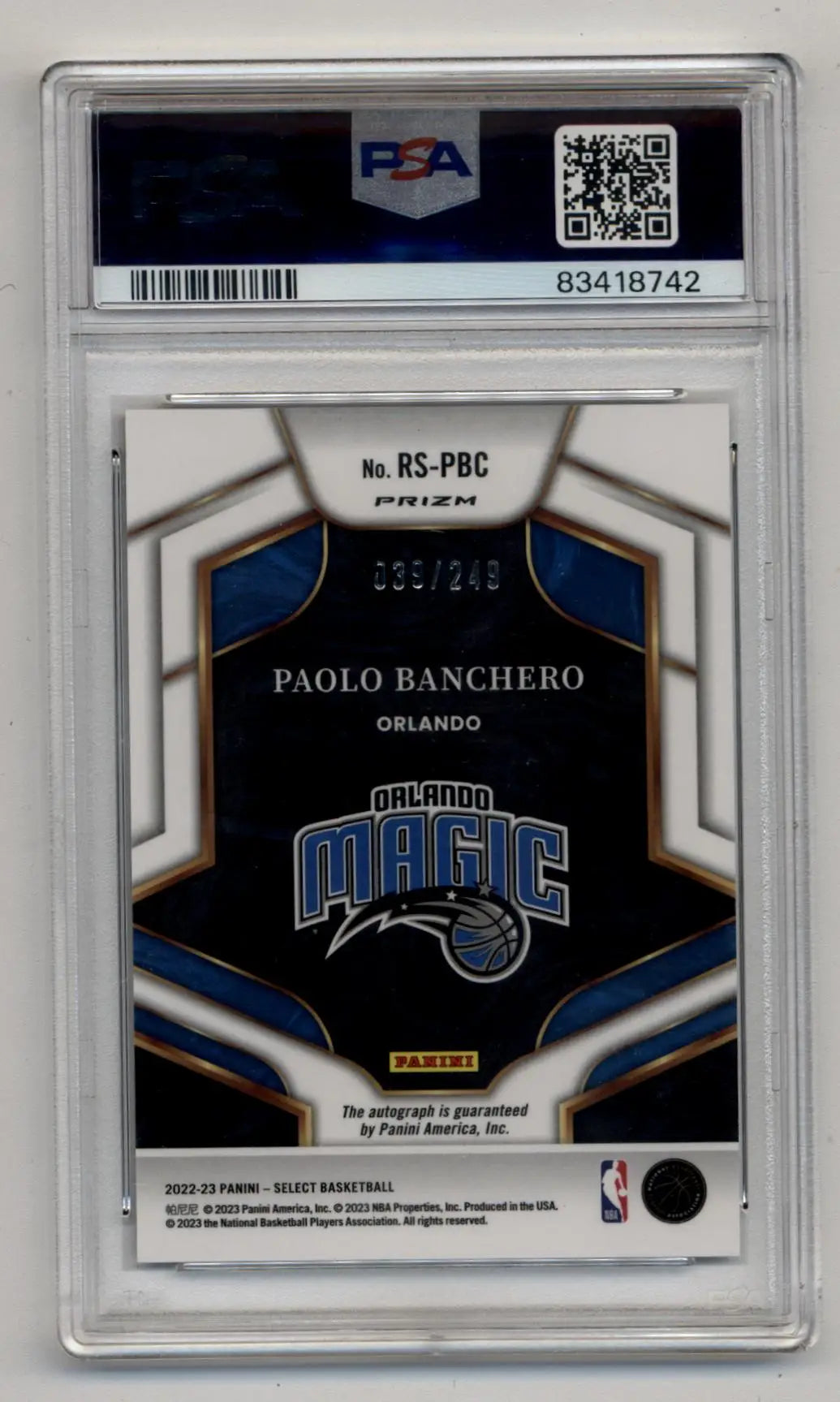 PSA-graded Paolo Banchero Select Rookie Signatures basketball card in protective case
